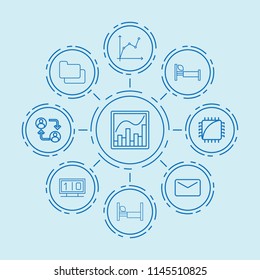 Set of 9 information outline icons such as communication, chip tuning, chart, folder, graph chart, bed, mail