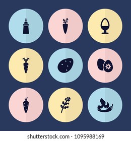 Set of 9 ingredient filled icons such as potato, carrot, deel, ketchup, easter egg, egg, carrot on fork