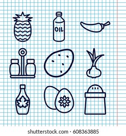 Set of 9 ingredient outline icons such as potato, onion, oil, pepper, maple syrup, easter egg