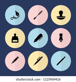 Set of 9 ink filled icons such as stamp, pen, ink pen