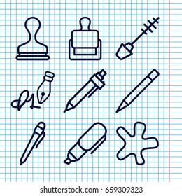 Set of 9 ink outline icons such as stamp, mascara, splash, pen