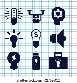 Set of 9 innovation filled icons such as lamp, energetic drink, bulb, gear in head, bulb with dollar