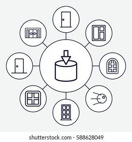 Set of 9 inside outline icons such as sliding doors, window, door, entrance
