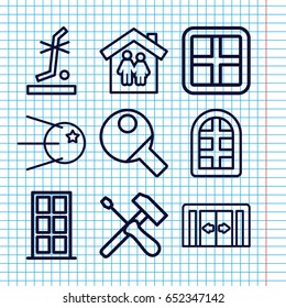 Set of 9 inside outline icons such as sliding doors, window, door, no standing nearby, table tennis, core, family house