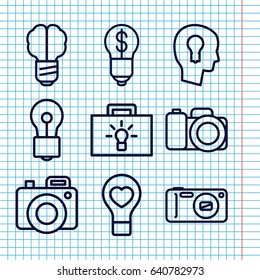 Set of 9 inspiration outline icons such as bulb, bulb heart, camera