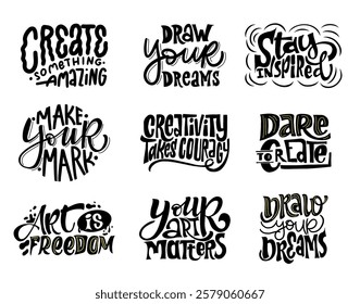 A set of 9 inspirational hand-lettered quotes perfect for creating motivational posters, social media graphics, and merchandise