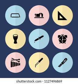 Set of 9 instrument filled icons such as ruler, pipette, drum, alarm, hacksaw, vice clamp, cutter