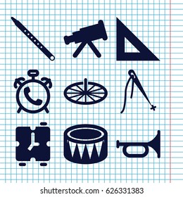 Set of 9 instrument filled icons such as alarm, musical pipe, drum, sundial, sewing, ruler, telescope