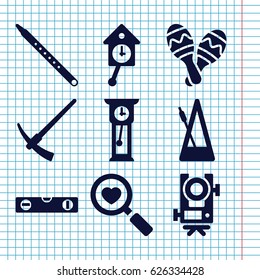Set of 9 instrument filled icons such as level equipment, level ruler, heart search, musical pipe, metronome, maraca, pendulum