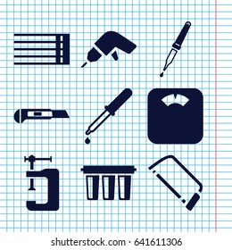Set of 9 instrument filled icons such as drill, hacksaw, vice clamp, cutter, pipette, guitar strings, filter
