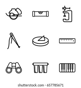 Set of 9 instrument outline icons such as level ruler, vice clamp, electric saw, binoculars, piano, ruler, filter, sundial