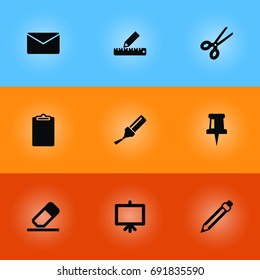 Set Of 9 Instruments Icons Set.Collection Of Pushpin, Drawing, Highlighter And Other Elements.