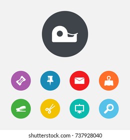 Set Of 9 Instruments Icons Set.Collection Of Mail, Paper  Clamp, Whiteboard And Other Elements.
