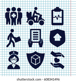 Set of 9 insurance filled icons such as holding document, heartbeat clipboard, cargo insurance, courier, courier on motorcycle, hands holding heart, medical group, nurse