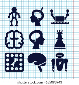 Set of 9 intelligence filled icons such as brain, human brain, brain surgery, board game, chess king