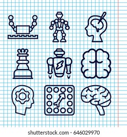 Set of 9 intelligence outline icons such as brain, brain surgery, board game, gear in head, chess king
