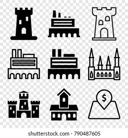 Set of 9 interest filled and outline icons such as castle