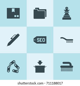 Set of 9 interface filled icons such as chain, package, brush, clean brush, folder, pen, seo