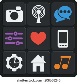 Set of 9 interface vector web and mobile icons in flat design. Home, heart, like, wifi, photo, phone, clock, music.