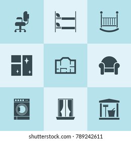 Set of 9 interior filled icons such as armchair, clean window, laundry room, chair, plan, curtains, washing machine, baby bed