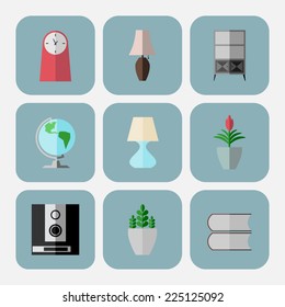 Set of 9 interior icons in flat style, vector. Icons are layered
