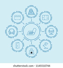 Set of 9 interior outline icons such as armchair, back car light, table lamp, house plan, chair, plan, fireplace, door