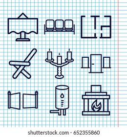 Set of 9 interior outline icons such as sofa, outdoor chair, fireplace, plan, restaurant table, candlestick, geyser, gate