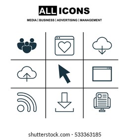 Set Of 9 Internet Icons. Can Be Used For Web, Mobile, UI And Infographic Design. Includes Elements Such As Information Site, Followed Website, Login And More.
