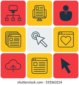 Set Of 9 Internet Icons. Can Be Used For Web, Mobile, UI And Infographic Design. Includes Elements Such As Data Synchronize, Local Connection, Followed Website And More.