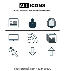 Set Of 9 Internet Icons. Can Be Used For Web, Mobile, UI And Infographic Design. Includes Elements Such As Login, Cursor Tap, Information Site And More.