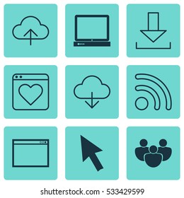 Set Of 9 Internet Icons. Can Be Used For Web, Mobile, UI And Infographic Design. Includes Elements Such As PC, Data Synchronize, Program And More.