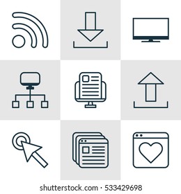 Set Of 9 Internet Icons. Can Be Used For Web, Mobile, UI And Infographic Design. Includes Elements Such As Information Site, Local Connection, Login And More.