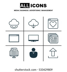 Set Of 9 Internet Icons. Can Be Used For Web, Mobile, UI And Infographic Design. Includes Elements Such As Send Data, Virtual Save, Information Site And More.