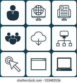 Set Of 9 Internet Icons. Can Be Used For Web, Mobile, UI And Infographic Design. Includes Elements Such As Team, PC, Program And More.