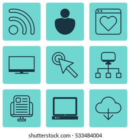 Set Of 9 Internet Icons. Can Be Used For Web, Mobile, UI And Infographic Design. Includes Elements Such As Information Site, Cursor Tap, Display And More.