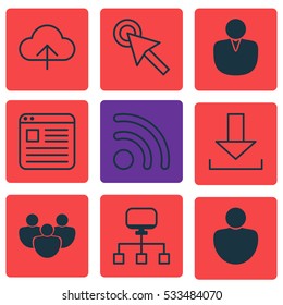 Set Of 9 Internet Icons. Can Be Used For Web, Mobile, UI And Infographic Design. Includes Elements Such As Local Connection, Data Synchronize, Wifi And More.