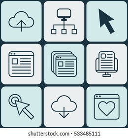 Set Of 9 Internet Icons. Can Be Used For Web, Mobile, UI And Infographic Design. Includes Elements Such As Data Synchronize, Local Connection, Mouse And More.