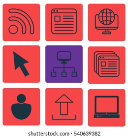 Set Of 9 Internet Icons. Includes Website Bookmarks, Mouse, Wifi And Other Symbols. Beautiful Design Elements.