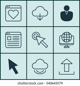 Set Of 9 Internet Icons. Includes Followed Website, Send Data, Virtual Storage And Other Symbols. Beautiful Design Elements.