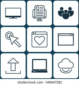 Set Of 9 Internet Icons. Includes Cursor Tap, Team, PC And Other Symbols. Beautiful Design Elements.
