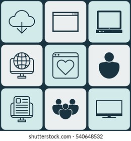 Set Of 9 Internet Icons. Includes Followed Website, Save Data, Display And Other Symbols. Beautiful Design Elements.