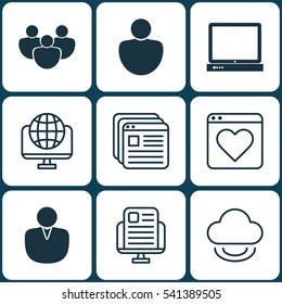 Set Of 9 Internet Icons. Includes Website Bookmarks, PC, Human And Other Symbols. Beautiful Design Elements.