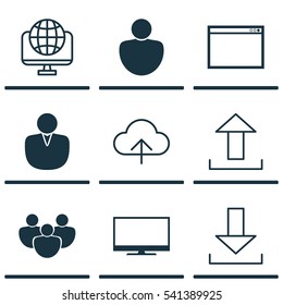 Set Of 9 Internet Icons. Includes Team, Account, Data Synchronize And Other Symbols. Beautiful Design Elements.