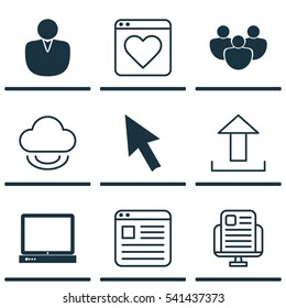 Set Of 9 Internet Icons. Includes Send Data, Mouse, Account And Other Symbols. Beautiful Design Elements.