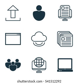 Set Of 9 Internet Icons. Includes Human, Computer Network, Program And Other Symbols. Beautiful Design Elements.