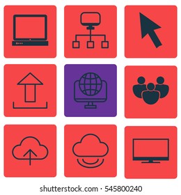 Set Of 9 Internet Icons. Includes Display, Local Connection, Team And Other Symbols. Beautiful Design Elements.
