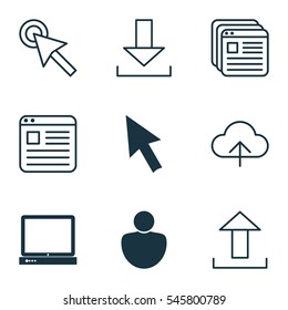 Set Of 9 Internet Icons. Includes Website Page, Cursor Tap, Data Synchronize And Other Symbols. Beautiful Design Elements.