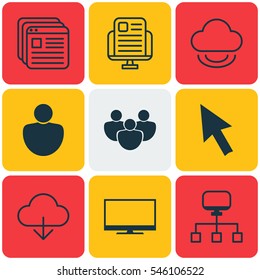 Set Of 9 Internet Icons. Includes Team, Website Bookmarks, Human And Other Symbols. Beautiful Design Elements.
