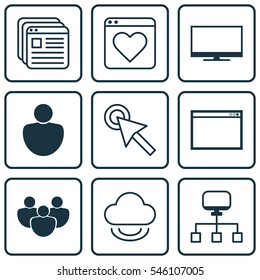 Set Of 9 Internet Icons. Includes Website Bookmarks, Followed Website, Virtual Storage And Other Symbols. Beautiful Design Elements.