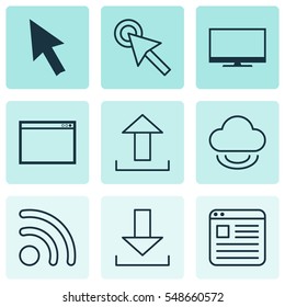 Set Of 9 Internet Icons. Includes Cursor Tap, Mouse, Wifi And Other Symbols. Beautiful Design Elements.